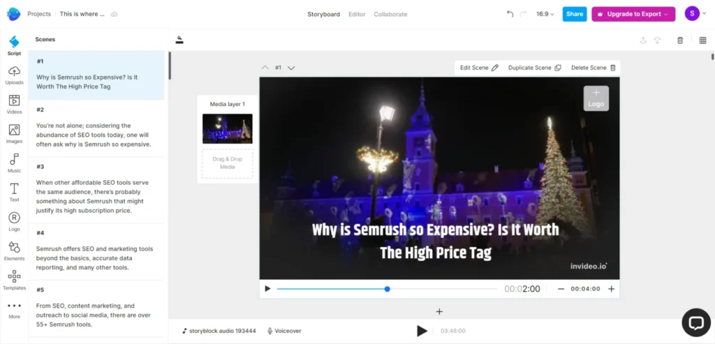 invideo ai script to scene storyboard editor The Invideo AI script and storyboard editor showing a "Script" panel where text has been automatically organized into scenes. The interface displays numbered scenes with corresponding text boxes for editing, a sidebar for scene navigation, and a button to "Add scenes".