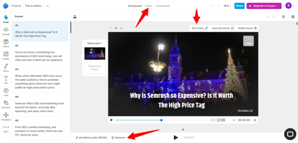 invideo ai storyboard editor scene management The Invideo AI storyboard editor showing a full page view of multiple scenes. Each scene is displayed with its corresponding script text and a media thumbnail, along with options to edit, duplicate, or delete scenes directly within the storyboard interface.