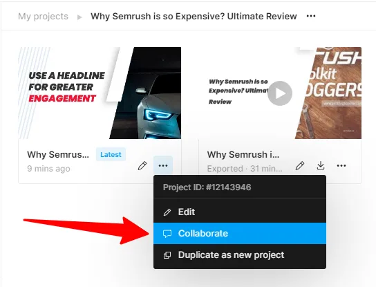 invideo ai team collaboration settings The Invideo AI project workspace interface with a red box highlighting the "Collaborate" and "Settings" options. A side panel displays options to Invite Members by email, manage Role-Based Access (Editor, Reviewer, or Viewer), and toggle between personal and team workspaces.