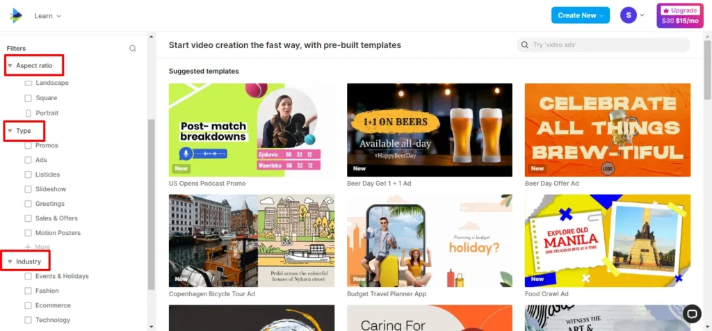 invideo ai template library filtering Invideo AI platform dashboard showing a "Suggested templates" grid with various video ad categories like "US Opens Podcast Promo" and "Beer Day Get 1 + 1 Ad," along with a sidebar menu for filtering templates by aspect ratio, type, and industry.
