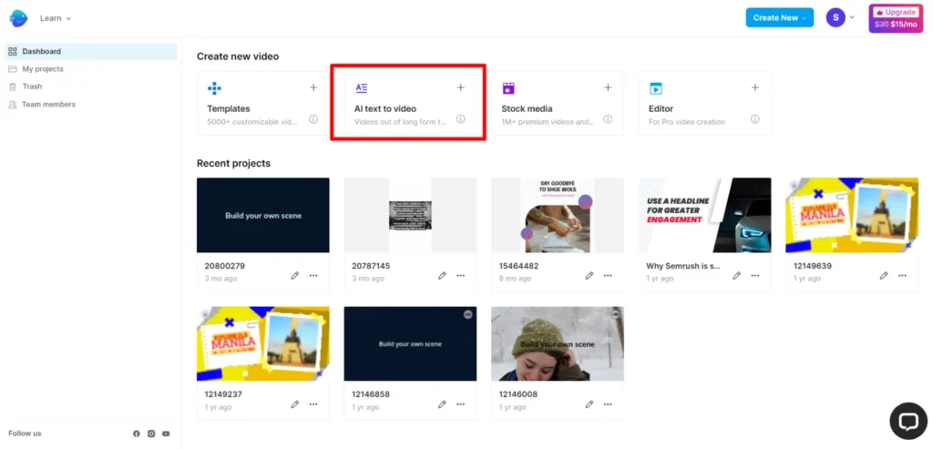 invideo ai text to video creation tool Invideo AI dashboard interface showing the "Create new video" section with an "AI text to video" option highlighted in a red box, alongside a "Recent projects" grid containing various video thumbnails and timestamps.