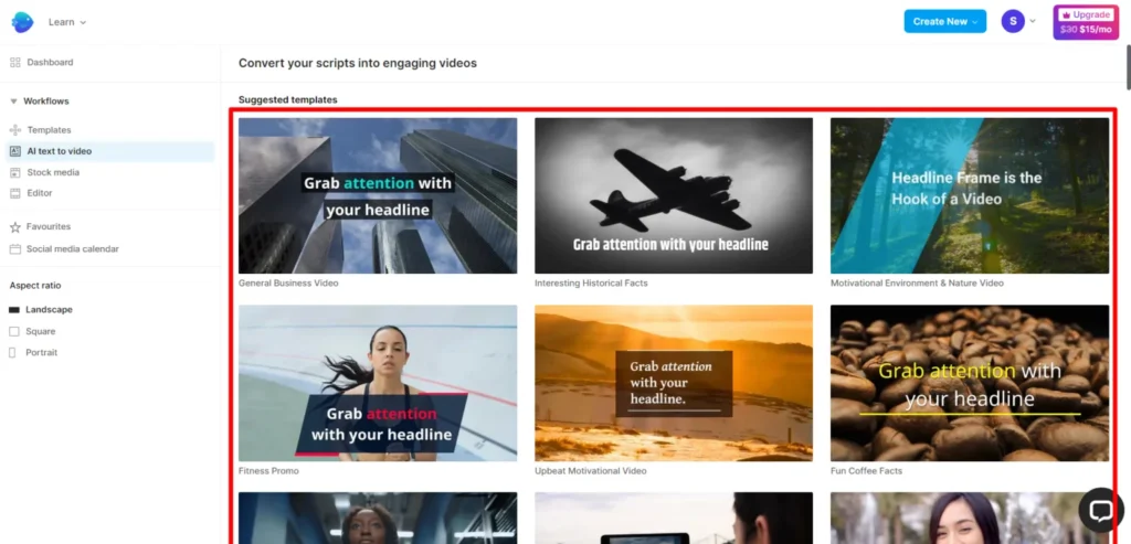 invideo ai text to video suggested templates library The Invideo AI interface showing the "AI text to video" workflow with a "Suggested templates" library featuring video styles like General Business, Historical Facts, and Motivational Environment, framed by a red box.