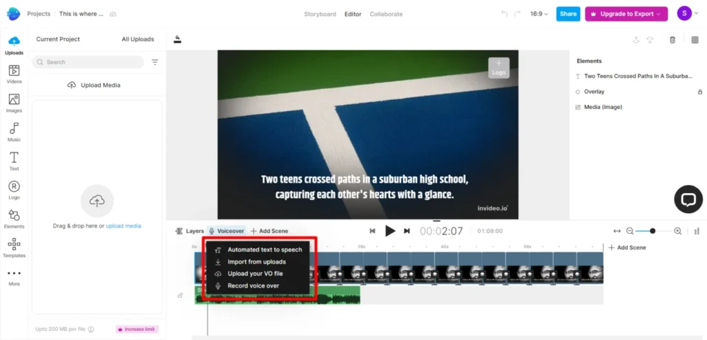 invideo ai voiceover and text to speech editor The Invideo AI video editor interface showing a scene with text overlays on a sports court background, with a red box highlighting the various voiceover options: Automated text to speech, Import from uploads, Upload your VO file, and Record voice over.