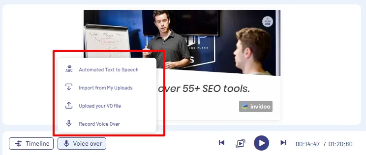 invideo ai voiceover options and video preview The Invideo AI interface showing a video preview of a tennis court with a large play button. A red box on the left highlights the "Voice-over" menu, displaying options for Automated Text to Speech, Import from my Uploads, Upload your VO file, and Record Voiceover.