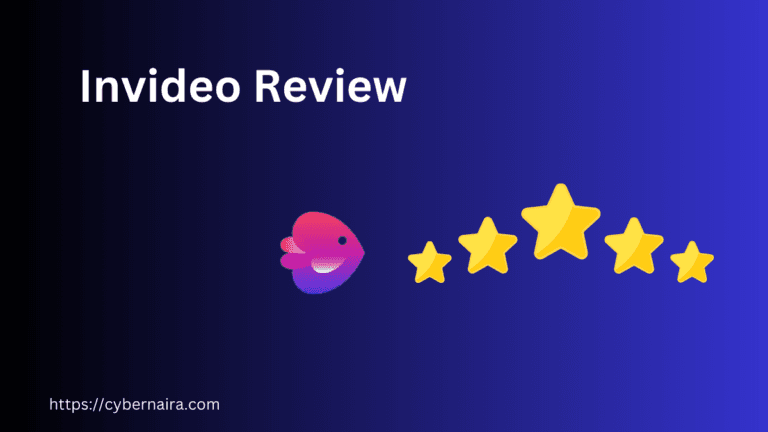 An informational graphic for a review of the Invideo AI platform, featuring a blue and purple gradient background with the text "Invideo Review," the Invideo logo, and a five-star rating illustration.