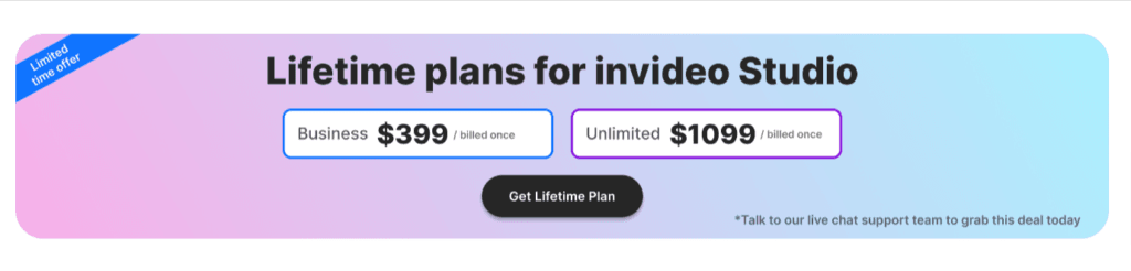 invideo studio lifetime pricing plans A promotional banner for Invideo Studio lifetime pricing plans featuring a blue and purple gradient background. The "Business" plan is listed at $399 and the "Unlimited" plan at $1099, both as one-time payments, with a "Get Lifetime Plan" button and a "Limited time offer" ribbon.