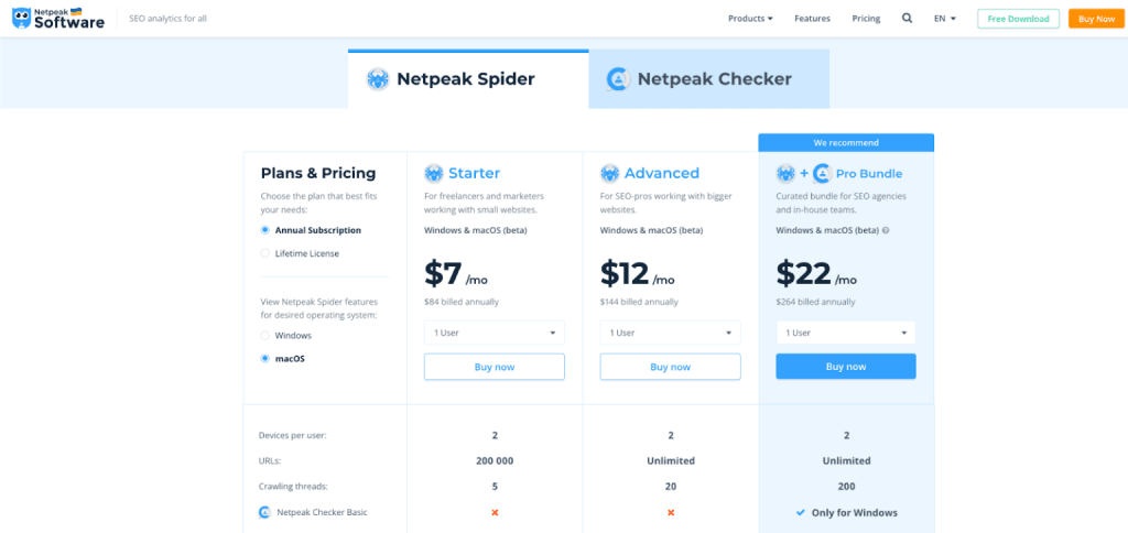 A pricing comparison table for Netpeak Spider and Netpeak Checker software, showing four pricing tiers. The top navigation shows tabs for "Netpeak Spider" and "Netpeak Checker". The pricing section displays three plans: Starter ($7/mo or $84 annually) for freelancers working with small websites, Advanced ($12/mo or $144 annually) for SEO pros with bigger websites, and a recommended Pro Bundle ($22/mo or $264 annually) combining both tools for agencies and teams. Each plan shows details like supported devices (2 per user for all plans), URLs (200,000 for Starter, Unlimited for others), and crawling threads (5, 20, and 200 respectively). All plans support Windows & macOS (beta), with the Pro Bundle being "Only for Windows" per Netpeak Checker. On the left is a "Plans & Pricing" sidebar with options for Annual Subscription/Lifetime License and operating system selection.