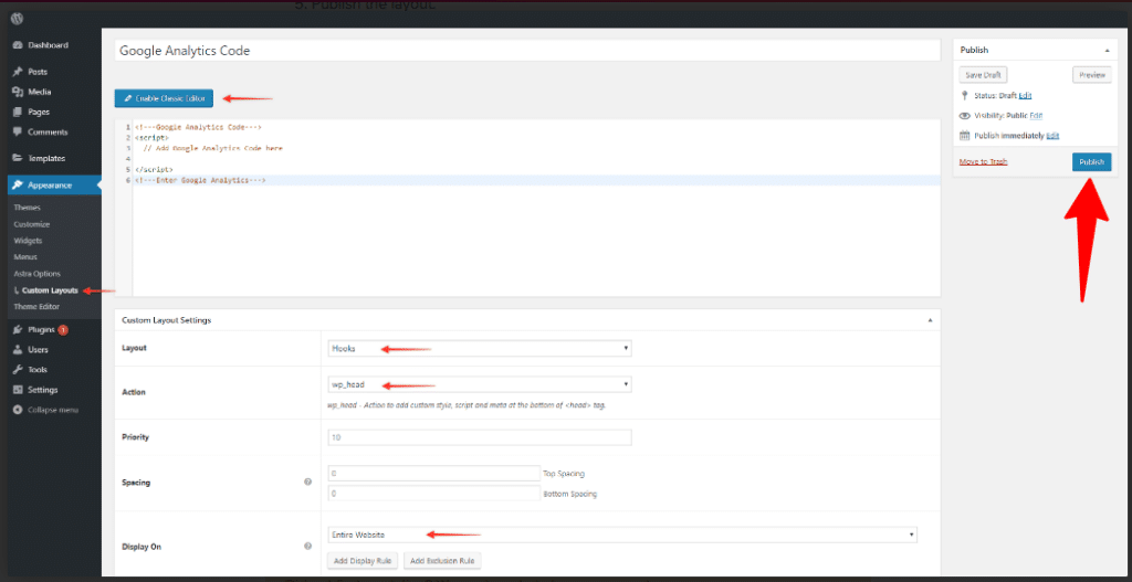 wordpress astra pro custom layouts google analytics hook setup Astra custom layout settings configured to output custom google analytics code scripts inside the head tag structure.