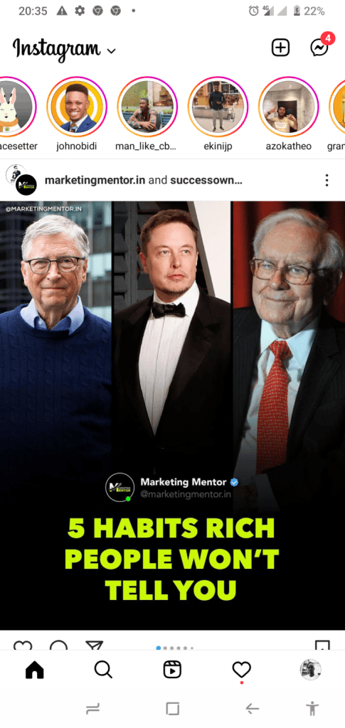 Instagram feed screenshot of an educational post featuring Bill Gates, Elon Musk, and Warren Buffett titled "5 Habits Rich People Won't Tell You."