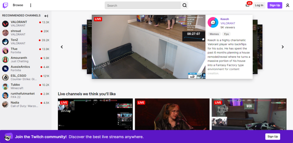 Twitch - CyberNaira A screenshot of the Twitch homepage featuring a live stream from creator "Keeoh" in the center. The layout includes a left sidebar listing recommended channels with viewer counts for popular games like VALORANT and Fortnite. Below the main player, there is a "Live channels we think you’ll like" section showcasing three additional active streams. A purple banner at the bottom invites users to join the Twitch community with a "Sign Up" button. The top navigation bar includes a search field and options to "Log In" or "Sign Up."