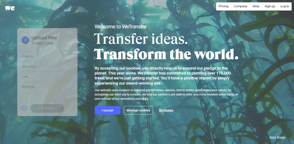 WeTransfer Send Large Files Share Photos Online Up to 2GB Free - CyberNaira A professional screenshot of the WeTransfer homepage with a vibrant underwater kelp forest background labeled "Sea Trees" in the bottom right. The main headline reads "Transfer ideas. Transform the world." On the left, a translucent "Upload files" widget allows users to add folders, enter recipient emails, and include a message. A cookie consent banner is visible at the bottom with a blue "I accept" button, while the top right navigation includes links for Pricing, Company, Help, Sign up, and Log in.