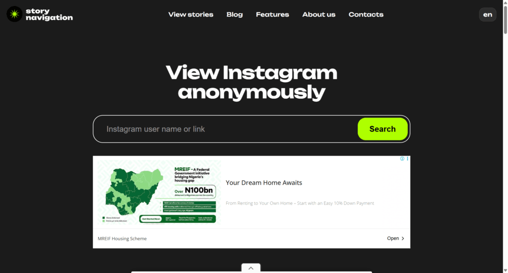 Storynavigation Instagram story viewer tool featuring a search bar to watch profiles anonymously without logging in.
