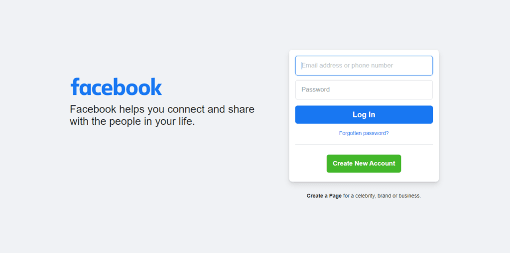 Facebook login and sign up page showing the Facebook logo, login form, and create new account button.
