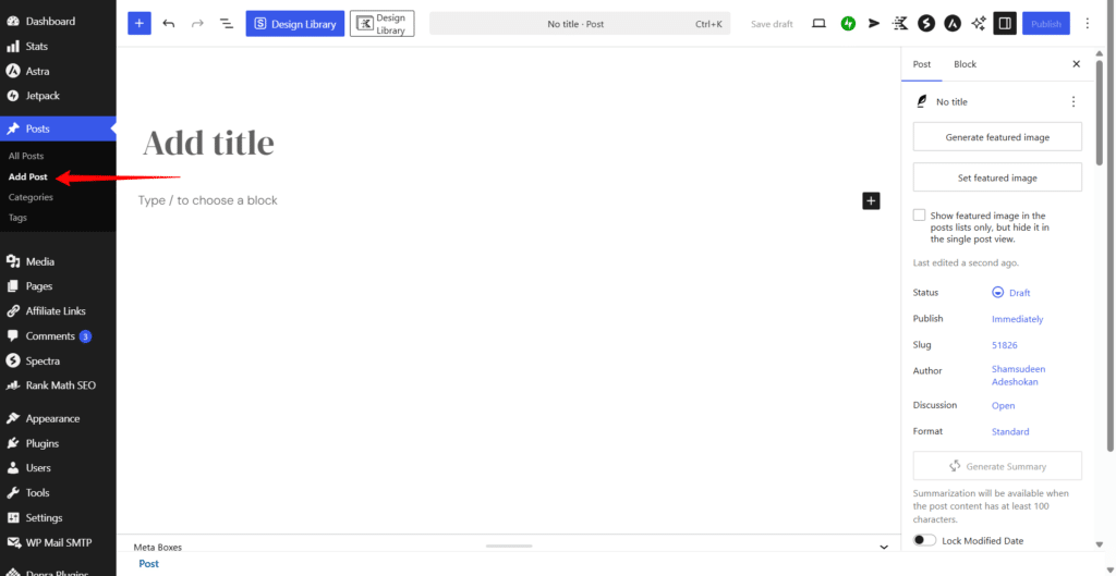 how to add a new post in wordpress editor WordPress Gutenberg editor showing the Add Post screen with the Posts menu expanded and the Add Post option highlighted in the dashboard sidebar.