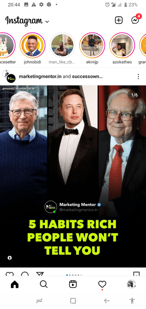 Instagram home feed showing active user stories at the top with colored rings and a grayed-out ring indicating a viewed story by johnobidi.