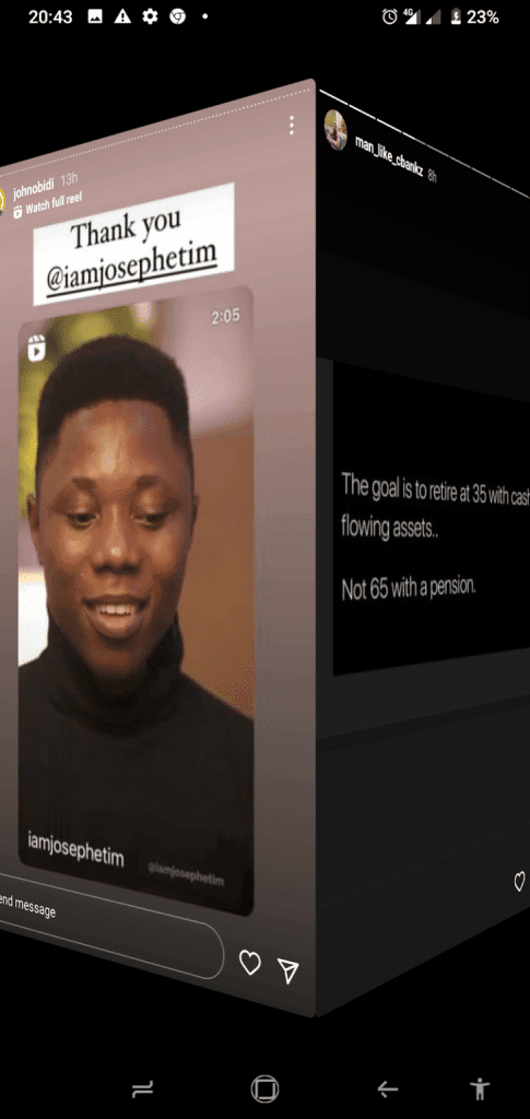 A mobile screen showing the "partial swipe" method on Instagram to preview a story without triggering a view notification.