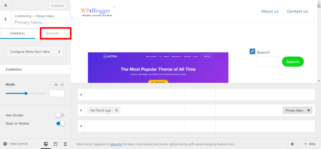 Customize WPrBlogger WordPress Tutorial for Beginners 8 - CyberNaira Astra Customizer - Prmiary menu design tab