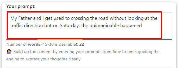 Saasbook aI story writing prompt input - CyberNaira Sassbook AI story writing prompt interface with a text box containing a story introduction about a father and child.