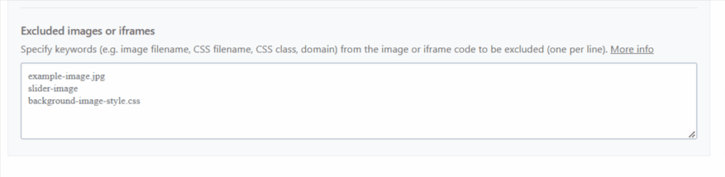 excluding specific images and iframes from wp rocket lazyload The WP Rocket setting field for Excluded images or iframes containing entries like example image jpg and slider image.
