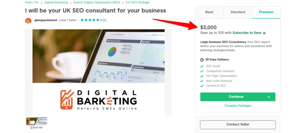 Fiverr Pro gig page for UK SEO consultancy services showing a premium price of $3,000 for a large business SEO package including audits, competitor analysis, and technical SEO.