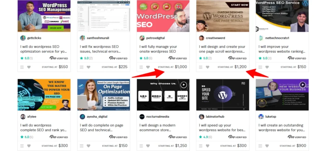 Fiverr Pro search results for "wordpress seo" services, displaying various high-end gig cards from Pro Verified sellers with starting prices ranging from $150 to $1,250 for tasks like technical error fixing, onsite management, and speed optimization.