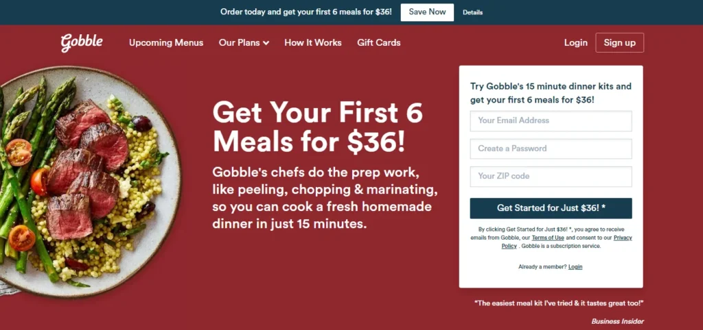 Gobble meal delivery service homepage showing a 15-minute dinner kit promotion with a discount offer for the first six meals.