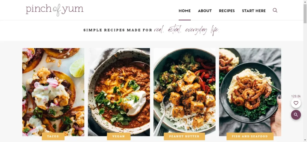 Pinch of Yum website homepage displaying four meal categories including tacos, vegan, peanut butter, and fish and seafood dishes.