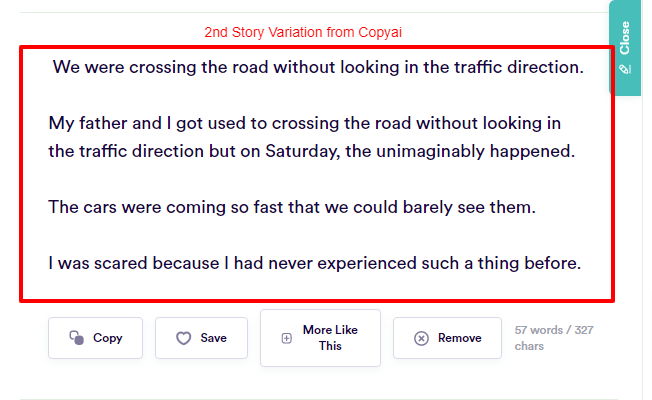 second story variation output from copy ai generator - CyberNaira Second Copy.ai story variation output describing a father and child crossing a road with fast-moving cars.