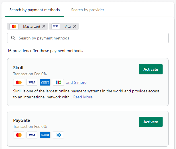 Add Shopify Payments options