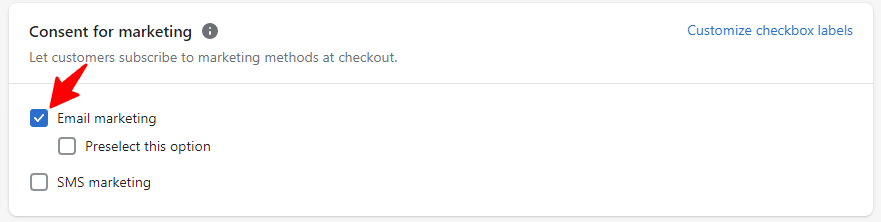 Shopify Content for marketing - email marketing checkbox