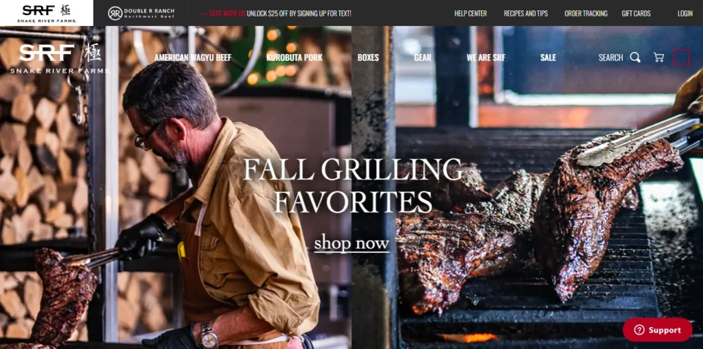 Snake River Farms website banner showcasing a chef grilling meat, with navigation menus for American Wagyu beef and Kurobuta pork, and a call to action for fall grilling.