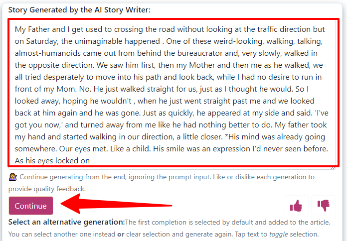 story generation and continuation options by Sass book - CyberNaira Sassbook AI story writer output text about a strange humanoid encounter following a road crossing incident.