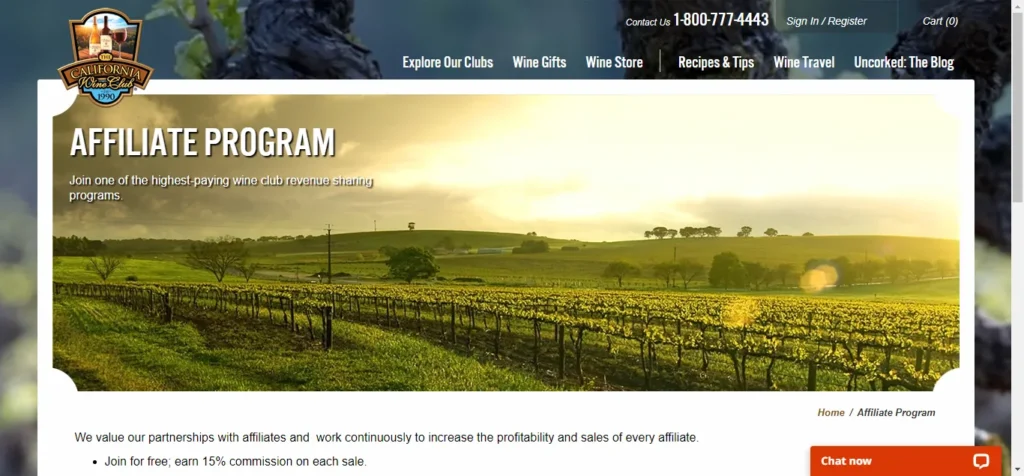California Wine Club affiliate program banner featuring a sunlit vineyard landscape and a 15% commission offer.