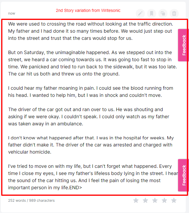 tragic traffic accident story by writesonic ai - CyberNaira Second AI story variation by Writesonic depicting a tragic traffic accident where a father is fatally injured.