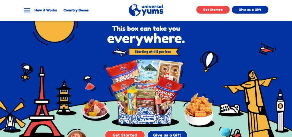Universal Yums website banner showing a blue background with global landmark illustrations and a box filled with international snacks.