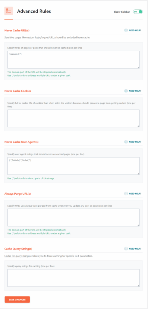 wp rocket advanced rules cache exclusion settings WP Rocket Advanced Rules settings for Never Cache URLs, Never Cache Cookies, Never Cache User Agents, Always Purge URLs, and Cache Query Strings.