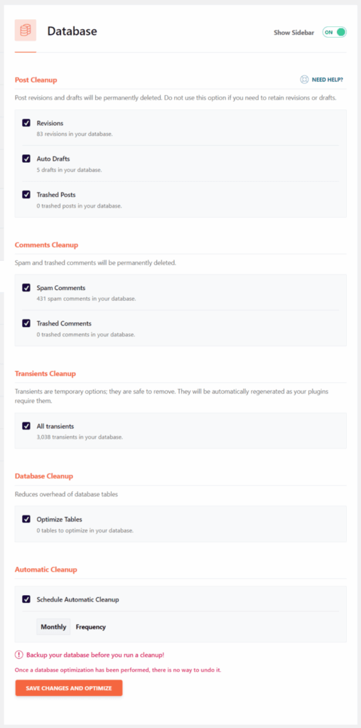 wp rocket database optimization and automatic cleanup settings WP Rocket Database optimization checked the boxes for Post Cleanup, Comments Cleanup, Transients Cleanup, Database Cleanup, and Monthly Automatic Cleanup.