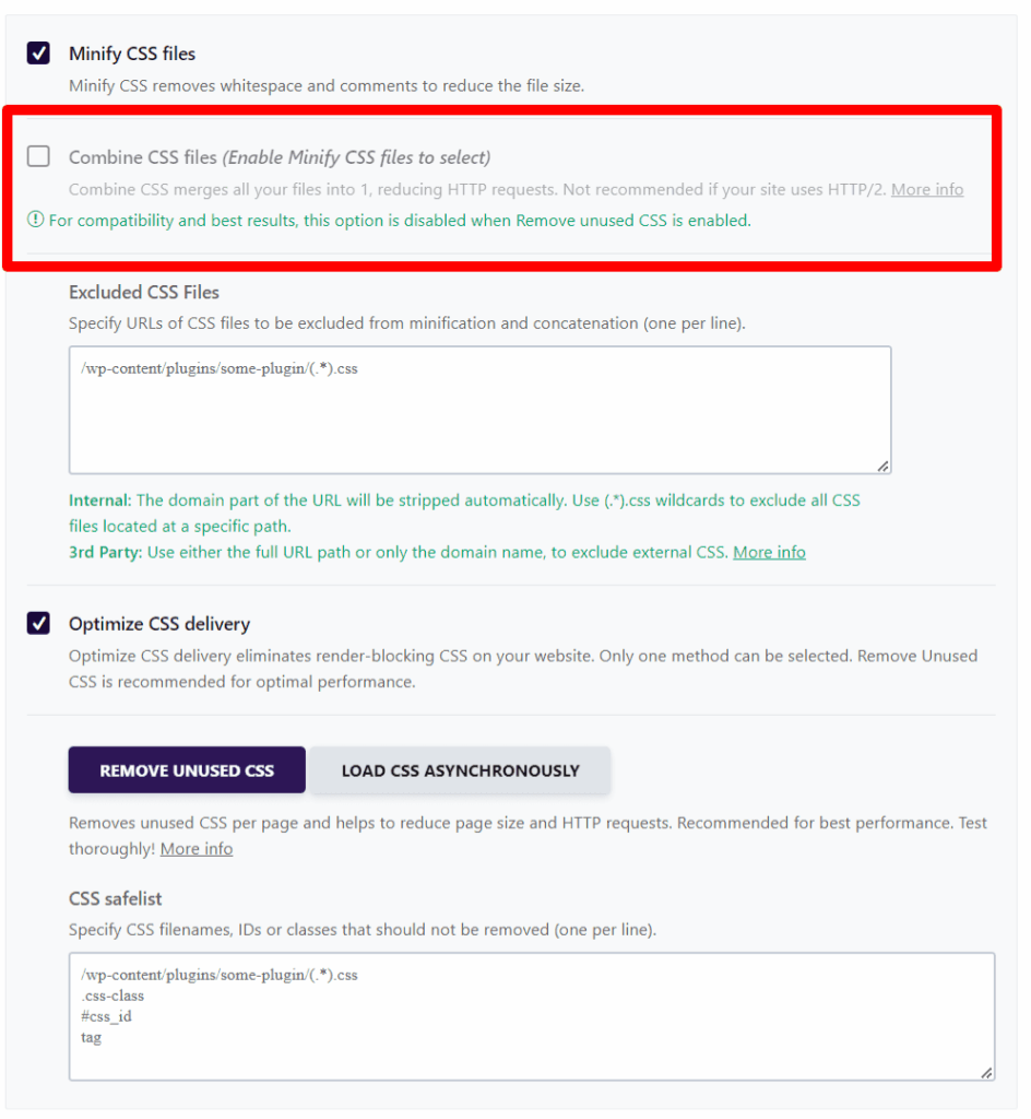 wp rocket file optimization combine css files setting tab WP Rocket file optimization settings featuring a red border highlighting the disabled Combine CSS files option due to the Remove unused CSS feature being active.