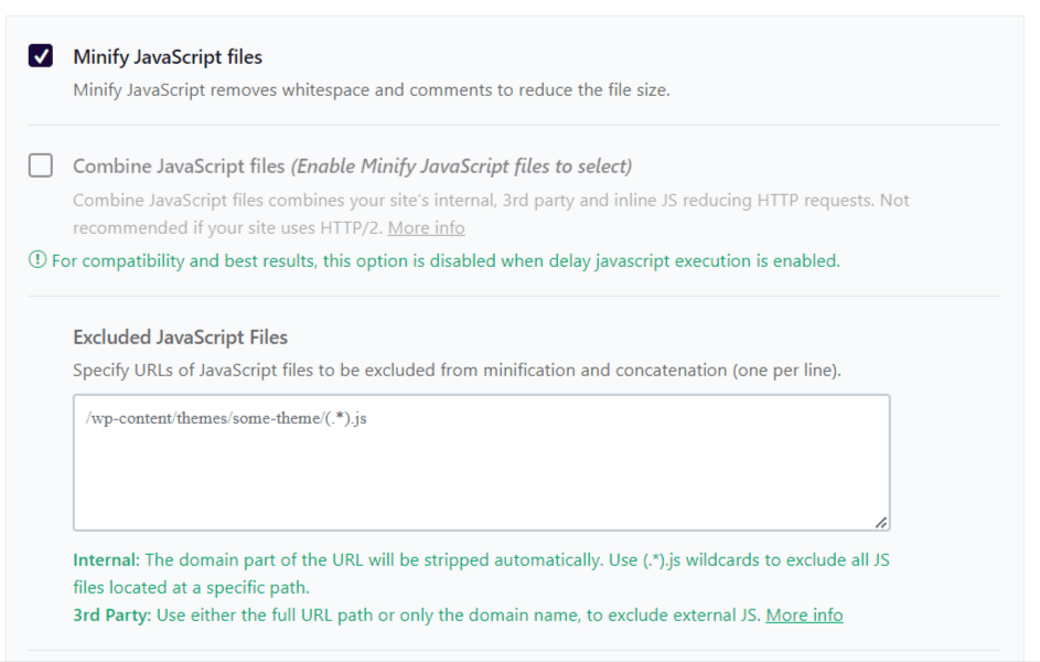 wp rocket file optimization minify and combine javascript settings WP Rocket file optimization settings showing the checked Minify JavaScript files option and a disabled Combine JavaScript files checkbox.