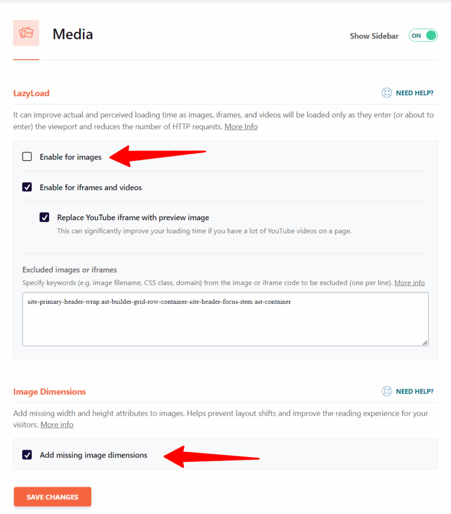 wp rocket media settings lazyload and image dimensions options WP Rocket media settings page, the unchecked Enable for images option and another pointing to the checked Add missing image dimensions option.