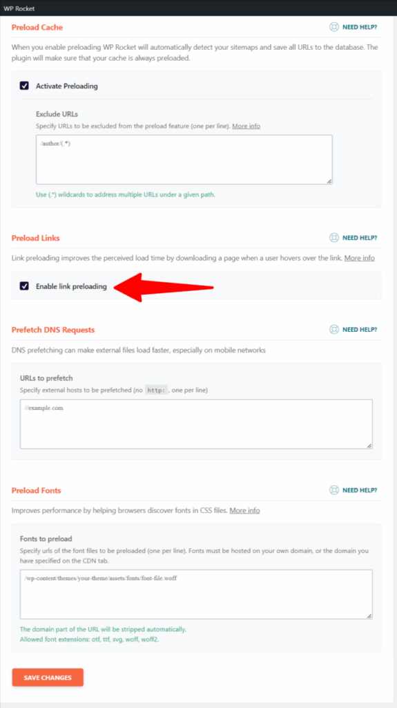 wp rocket preload cache and link preloading settings WP Rocket preloading settings page with Activate Preloading checked and a red arrow pointing to the checked Enable link preloading option.