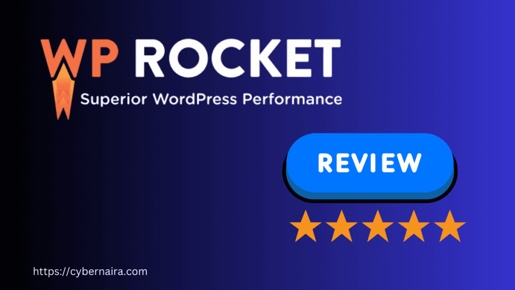 WP Rocket featured image with text Superior WordPress Performance alongside a blue Review button and a five-star rating badge on a blue gradient background.