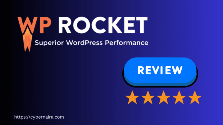 WP Rocket featured image with text Superior WordPress Performance alongside a blue Review button and a five-star rating badge on a blue gradient background.