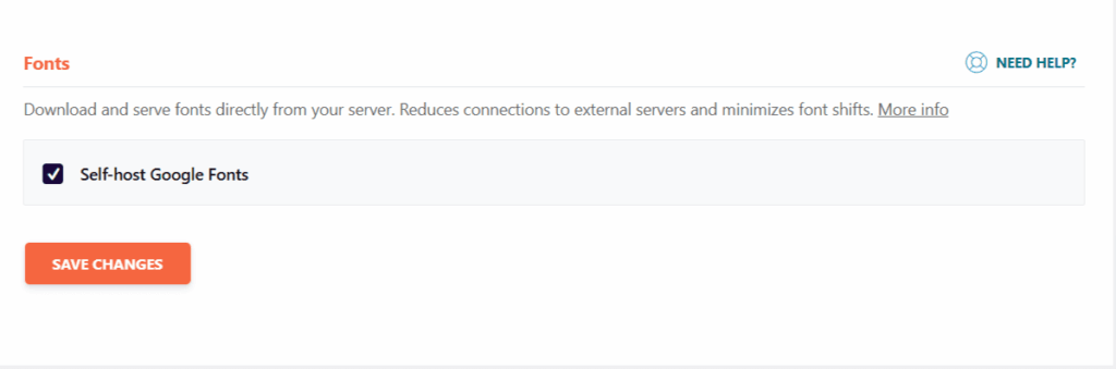 wp rocket self host google fonts optimization feature WP Rocket Fonts settings section showing a checked box for Self-host Google Fonts to download and serve fonts directly from your server.