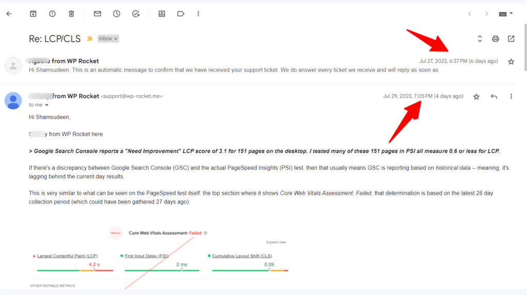 wp rocket support email conversation about core web vitals lcp and cls Email thread with WP Rocket support regarding LCP and CLS issues with red arrows pointing to the timestamps of the support messages.