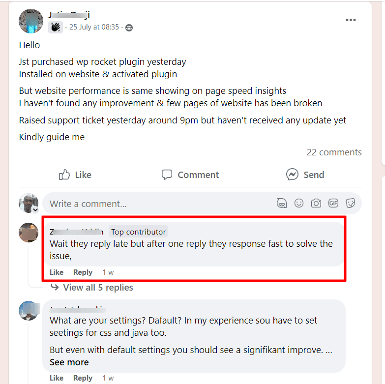 wp rocket user community facebook group discussion on support times WP Rocket Facebook group post about support and configuration, with a red border highlighting a comment about delayed initial support replies.