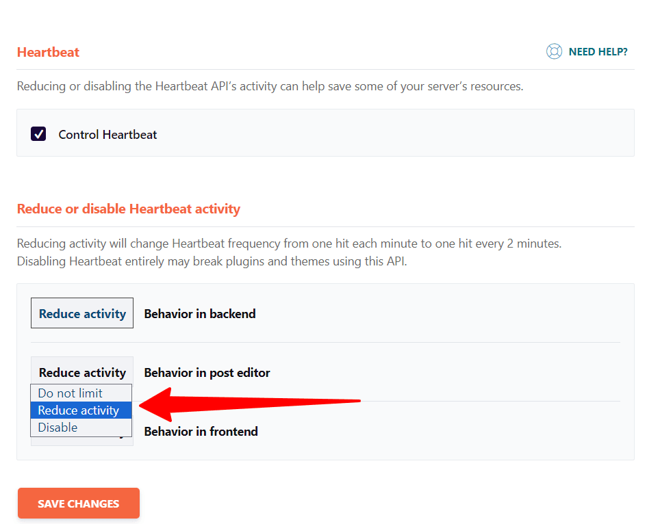 wp rocket wordpress heartbeat api control settings WP Rocket Heartbeat setting with a dropdown menu selecting Reduce activity for behavior in the post editor.