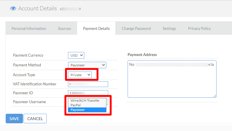 Fiverr Account Details payment methods - CyberNaira A screenshot of the "Payment Details" tab under Fiverr "Account Details" settings. The page shows configuration options for receiving affiliate commissions, including a dropdown for "Payment Currency" set to USD and "Account Type" set to Private. Red boxes highlight the selected "Private" account status and a "Payment Method" dropdown menu that lists Wire/ACH Transfer, PayPal, and Payoneer as available options. A "Payment Address" field is visible on the right side of the form, with "Save" and "Cancel" buttons at the bottom.