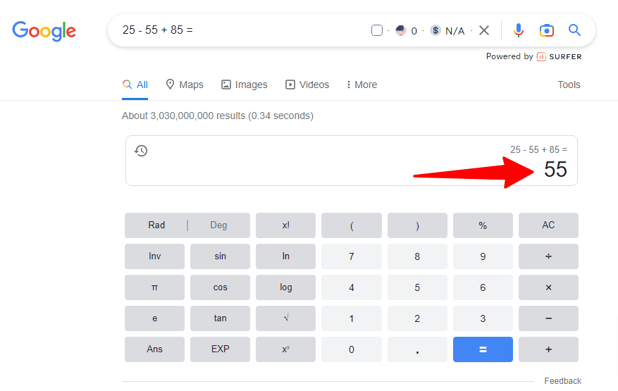 Google search result for math calculation
