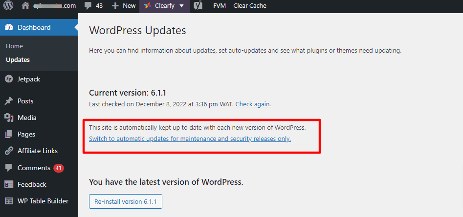 WordPress Core updates feature